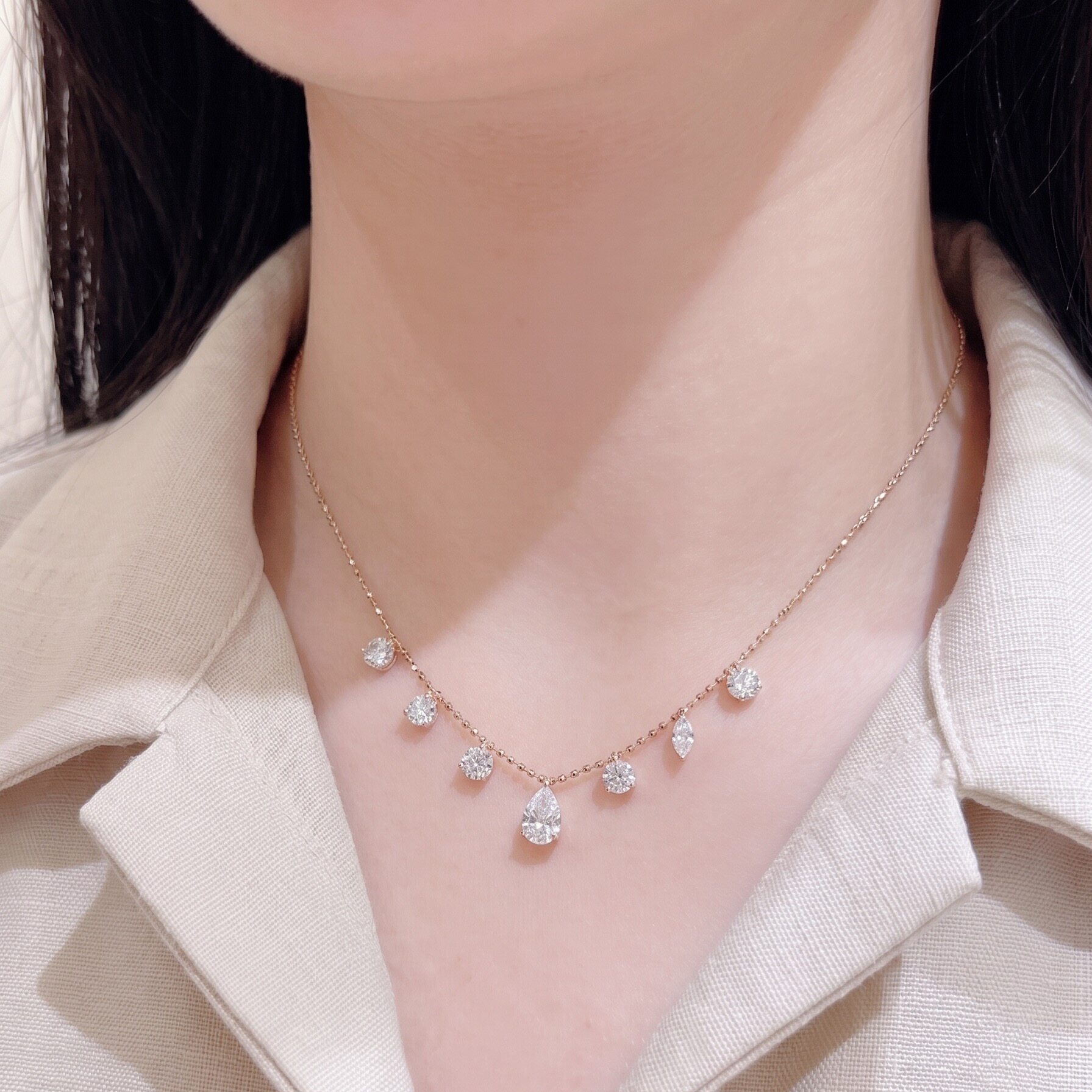 18k金培育钻石小号30分美神项链黄金色抽拉可调节流苏锁骨链轻奢