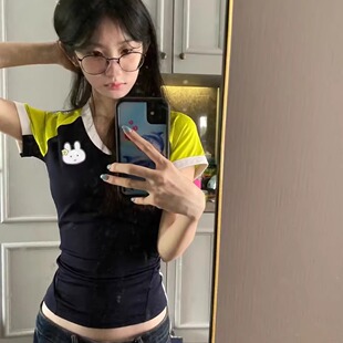 番薯欧尼自制remake小迪Moggie同款中古修身y2k千禧风短袖球衣女