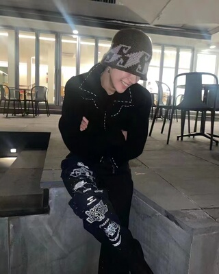 小众设计宽松印花长裤工装