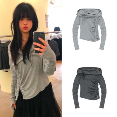 番薯欧尼自制coyseio褶皱抽绳连帽长袖短款修身开叉设计感上衣女