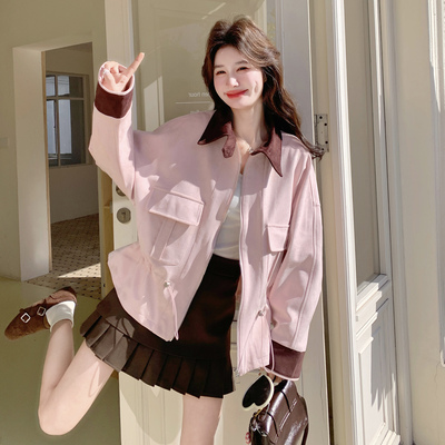 粉色翻领拼接短外套女2026春季新款宽松时尚通勤风小个子减龄夹克