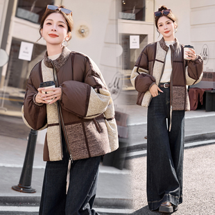 格子拼接撞色羽绒服女2025冬季新款短款九宫格面包服加厚保暖外套