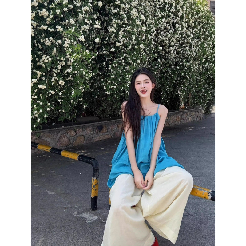 法式度假风蓝色吊带连衣裙女夏季2025新款设计感拖地阔腿裤两件套