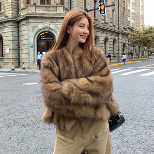 蓝狐坎毛晕染霜色V领短款狐狸毛皮草外套女毛毛大衣丨霜华映月