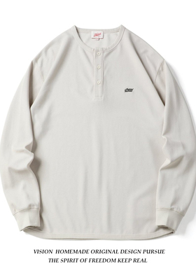 25SS日系复古270g混纺棉宽松亨利领休闲长袖T恤男硬汉收口针织衫