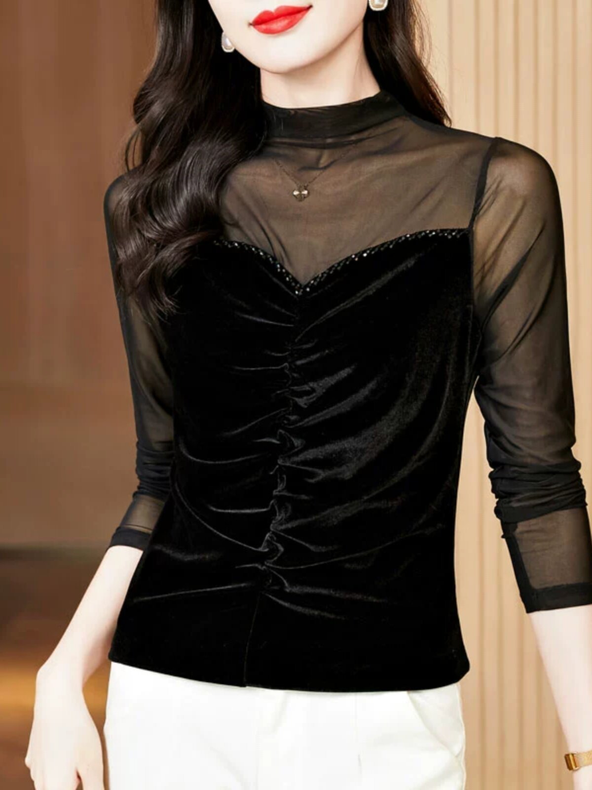 여성용 메쉬 스플 라이스 벨벳 바닥 셔츠 긴팔 가을 겨울 하이 엔드 핫 다이아몬드 내부 레이어링 섹시한 블라우스 패셔너블하고 시크한 탑