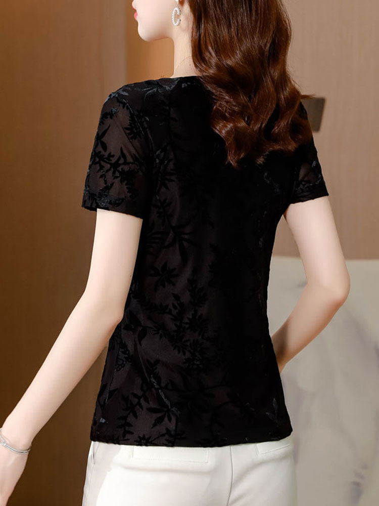 여성용 여름 새 스타일 엄마의 패셔너블하고 아름다운 하이 엔드 셔츠 슬리밍 메쉬 탑을위한 세련된 레이스 반팔 티셔츠
