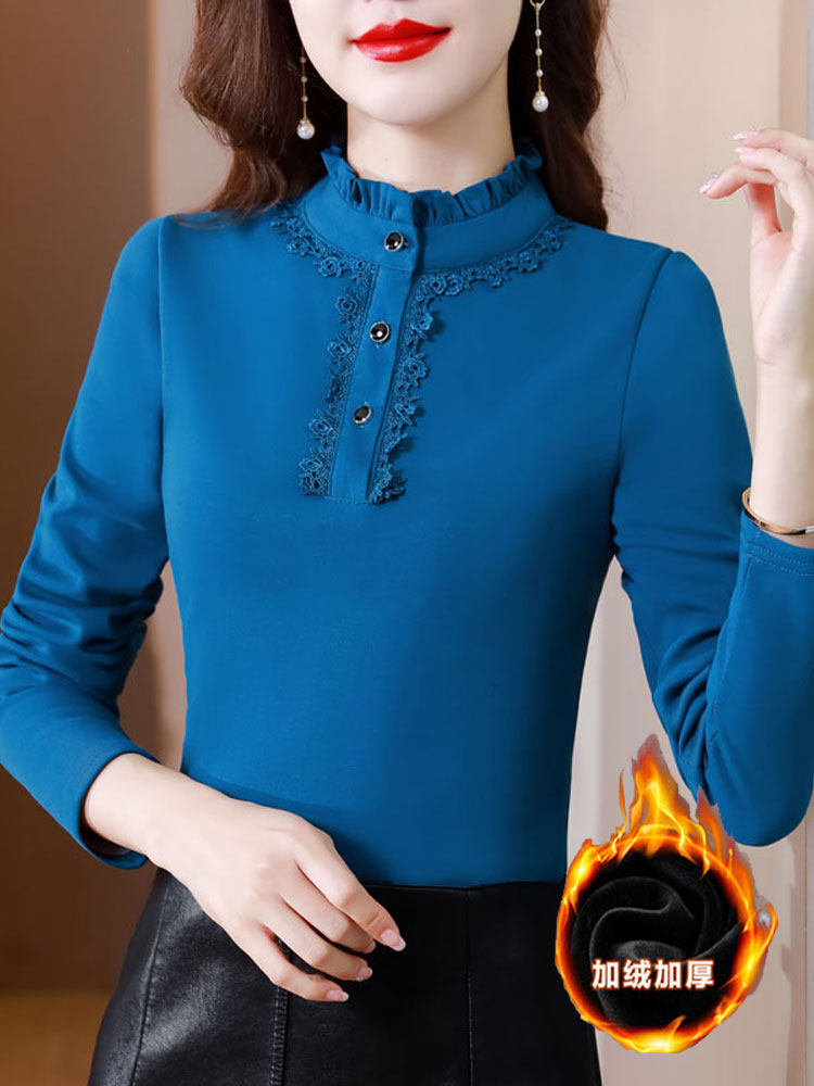 벨벳 따뜻한 블라우스와 서양식 탑이 통합된 가을 겨울 신식 스탠드 칼라 순면 어머니 복장 여성용 플러시 벨벳 바닥 셔츠