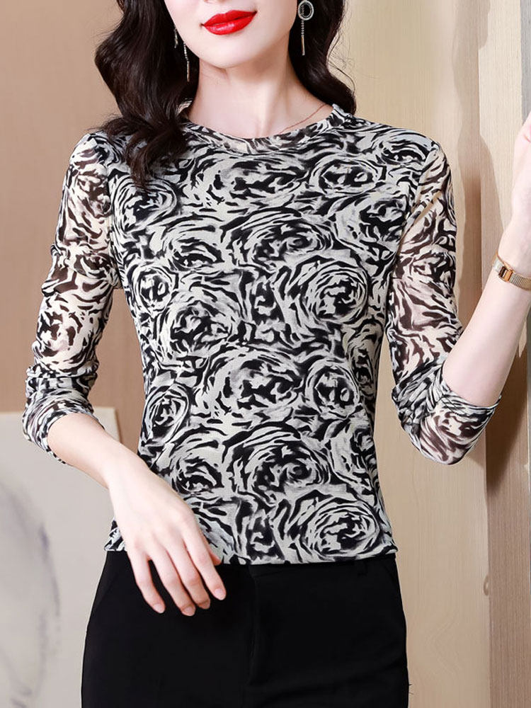 봄 가을 여성을 위한 서양식 프린트 메쉬 바닥 셔츠 스타일리쉬하고 아름다운 작은 셔츠 엄마 상의와 함께 새로운 긴팔 티셔츠