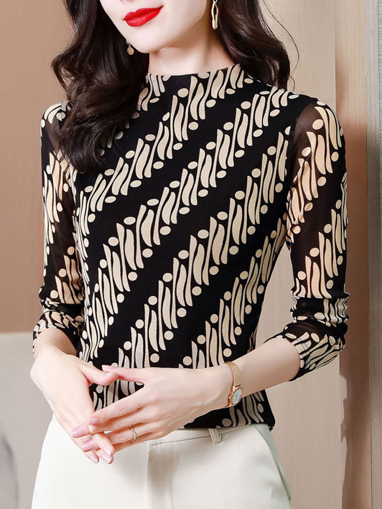 가을 겨울 여성용 패셔너블한 프린트 벨벳 두꺼운 바닥 셔츠 슬림한 메쉬 긴팔 티셔츠 패셔너블하고 아름다운 상의
