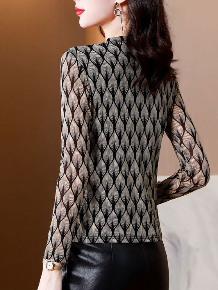 여성용 하프 터틀 칼라 밑단 셔츠 메쉬 프린트 디자인의 가을 긴팔 티셔츠 어머니 스타일 상의