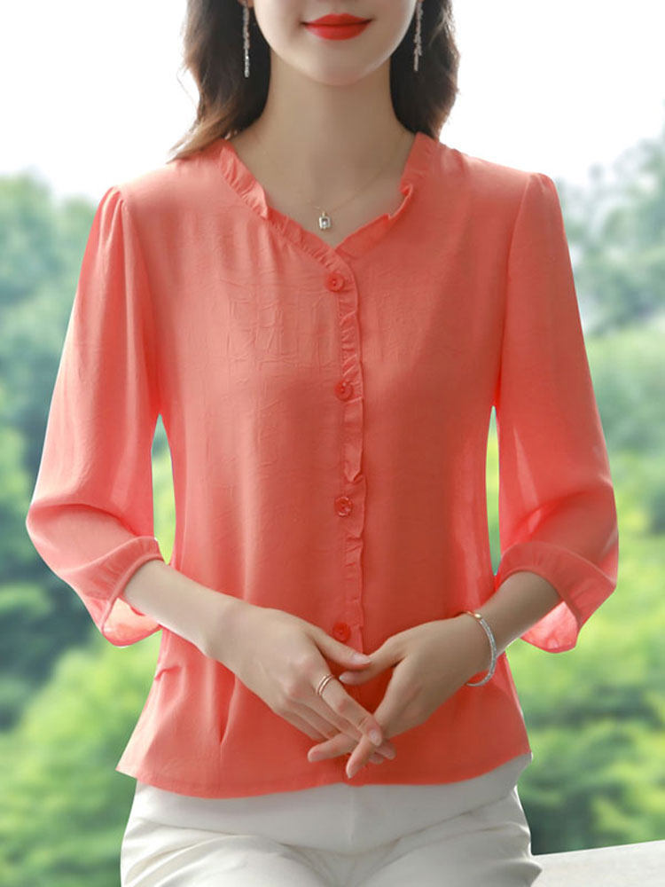 여성용 프렌치 브이넥 시폰 셔츠 7부 소매 봄 여름 루즈한 배 커버 패셔너블하고 아름다운 블라우스 어머니 스타일 상의