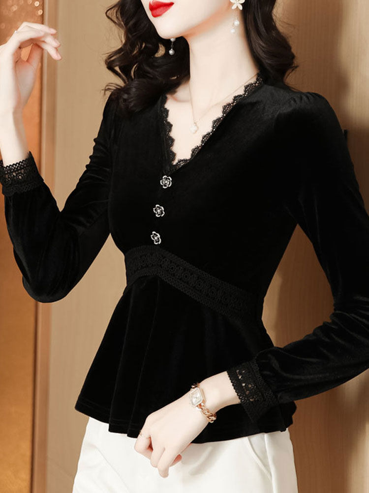 여성용 레이스 브이넥 밑단 셔츠 긴팔 가을 겨울 이너 디자인 틈새 기질이 있는 작은 셔츠 패셔너블한 골드 벨벳 탑