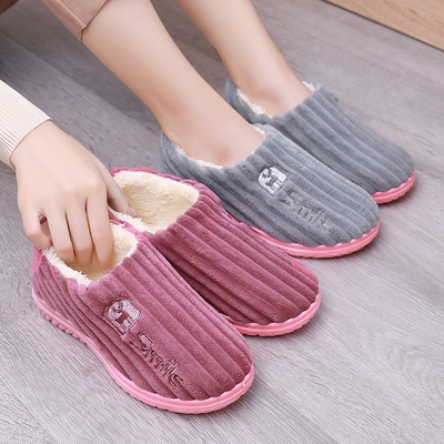 冬季简约舒适厚底加绒棉拖鞋居家