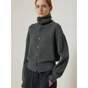 格雷系穿搭复古灰色高领针织开衫女秋冬高级感保暖亲肤毛衣外套厚