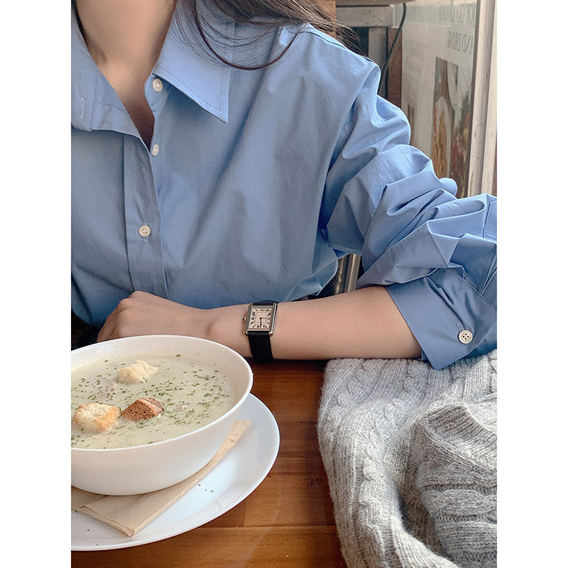 韩系温柔蓝色衬衫上衣女春秋高级感轻奢休闲宽松长袖衬衣防晒上衣