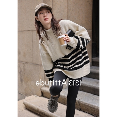 韩系慵懒黑色条纹半高领毛衣秋冬