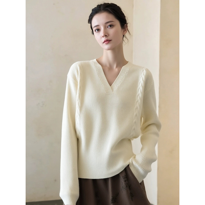 高级感慵懒麻花v领毛衣女秋冬韩系温柔风收腰内搭针织衫打底上衣