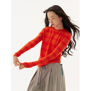 美式复古橘色内搭针织打底衫女秋冬季巨好看别致条纹毛衣修身上衣