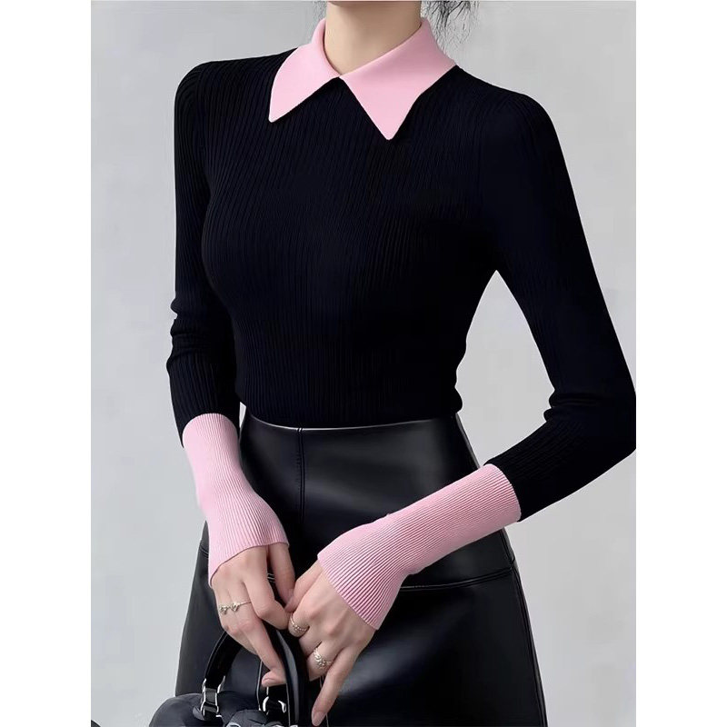 高级感黑色假两件翻领针织衫女春秋季法式显瘦内搭polo衫通勤上衣