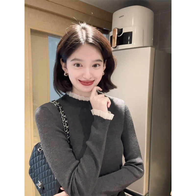 法式灰色花边半高领针织衫女秋冬