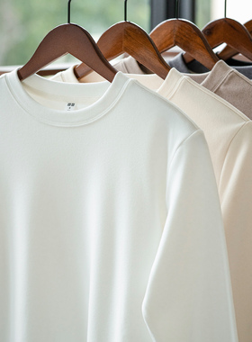 双面德绒打底衫男秋冬白色圆领长袖t恤加绒加厚保暖半高领内衣