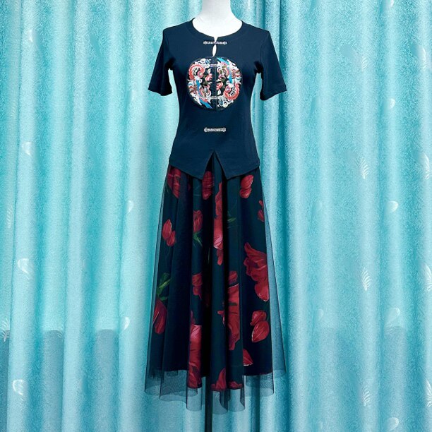 广场舞套装女2024新款跳广场舞的衣服网纱裙子中国风镶钻舞蹈服夏