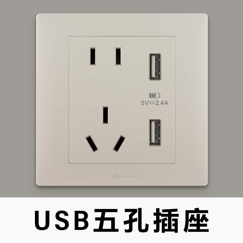 tcl罗格朗博蕴香槟色五孔带usb开关插座面板86型墙壁充电家用金色