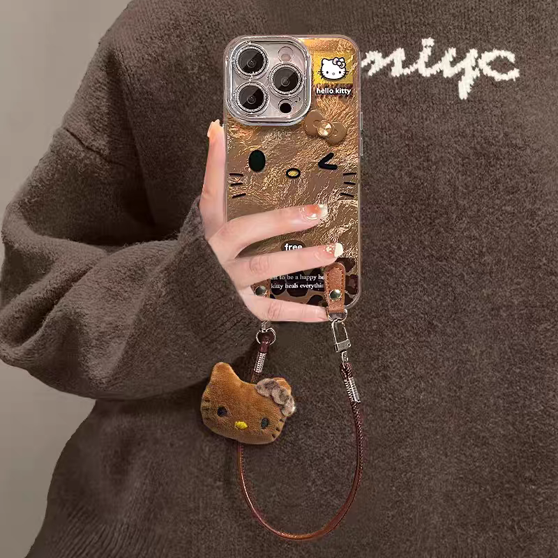适用苹果17豹纹KT猫挂绳手机壳