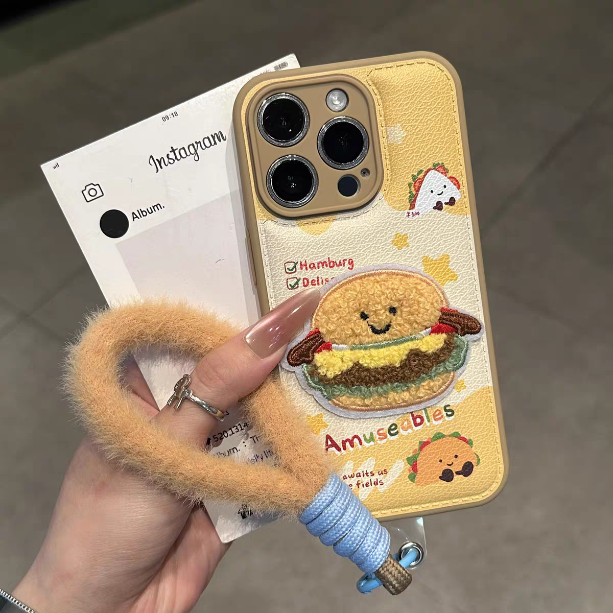 适用苹果17秋冬刺绣汉堡手机壳