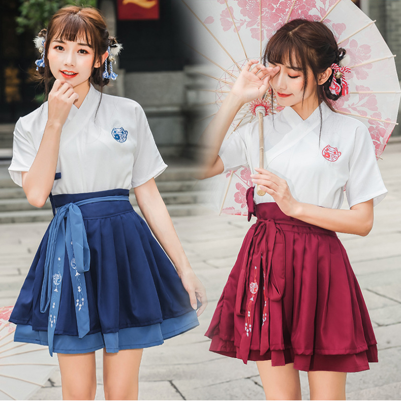 改良汉服女夏日常短袖招财猫汉服绣花交领短裙古装汉元素学生套装