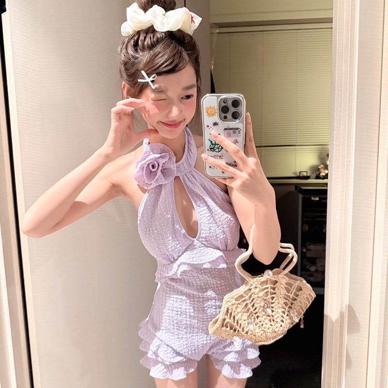 泳衣女夏连体韩国ins风玫瑰花荷叶边高级感遮肚显瘦温泉度假泳装