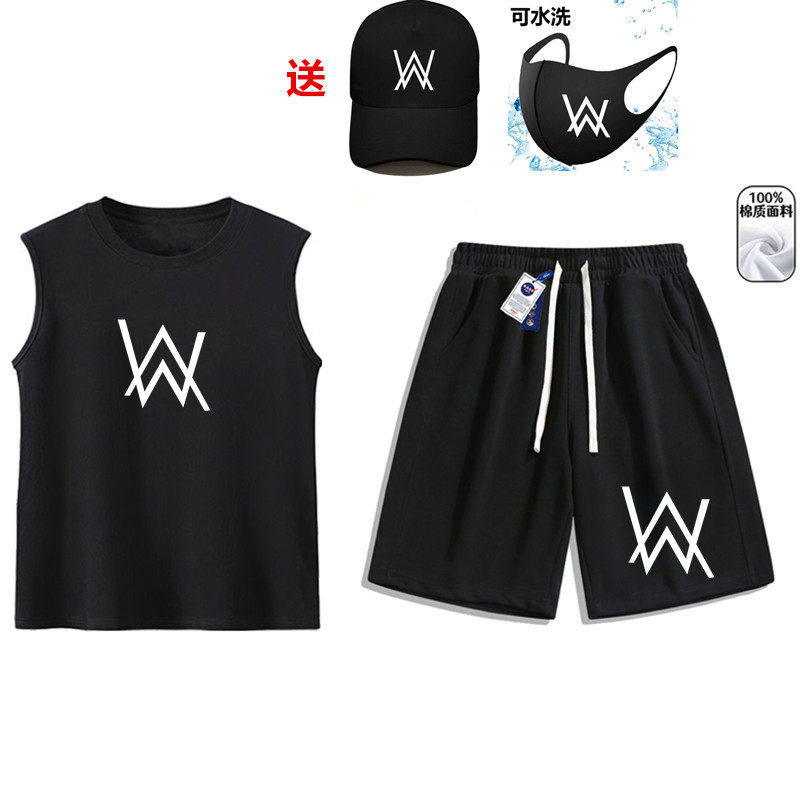 嘉豪同款艾伦沃克背心套装学生少年T恤夏季strong哥cos衣服帽子