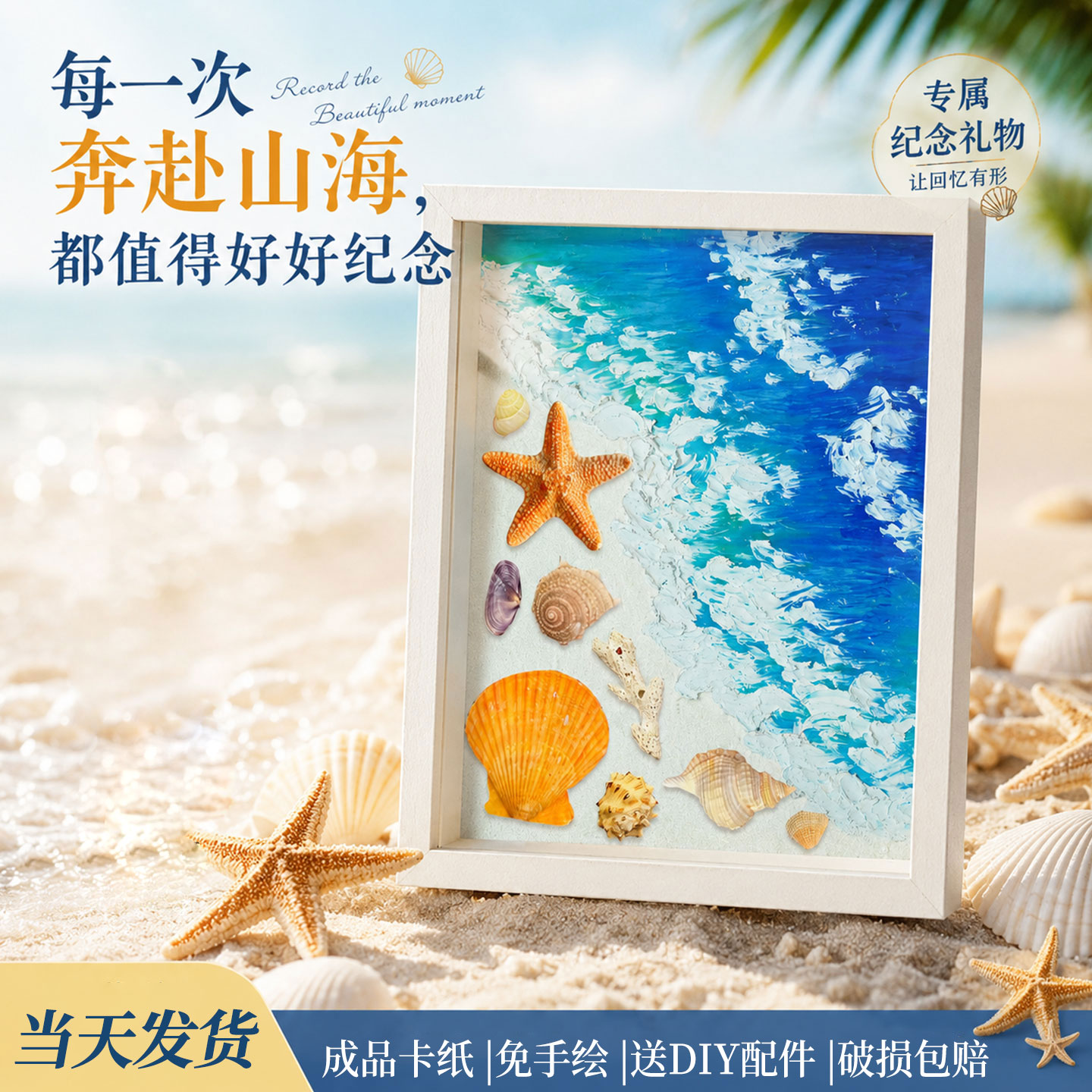 自制放天然海星标本粘肌理画摆件图片