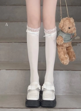 薄款蕾丝花边白色天鹅绒光板小腿袜丝带蝴蝶结日系jk甜美及膝袜