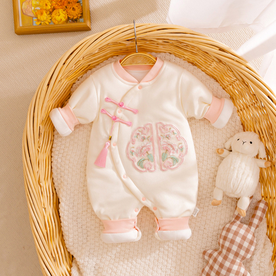 中国风女婴儿夹棉连体衣秋冬季满月宝宝哈衣爬服纯棉衣棉服拜年服