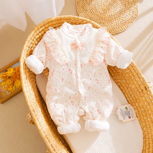 秋冬季婴儿衣服夹棉连体衣女宝宝哈衣外出服薄棉衣棉服外穿套装