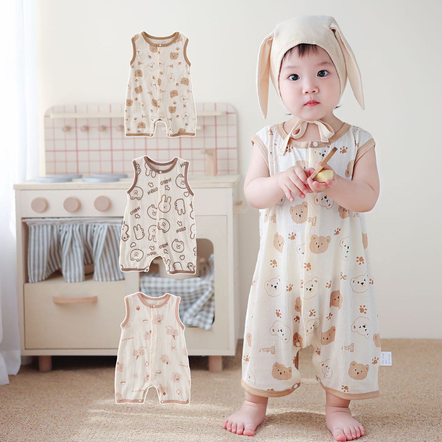 特价夏季婴儿衣服无袖连体衣新生儿背心哈衣爬服宝宝夏装369个月