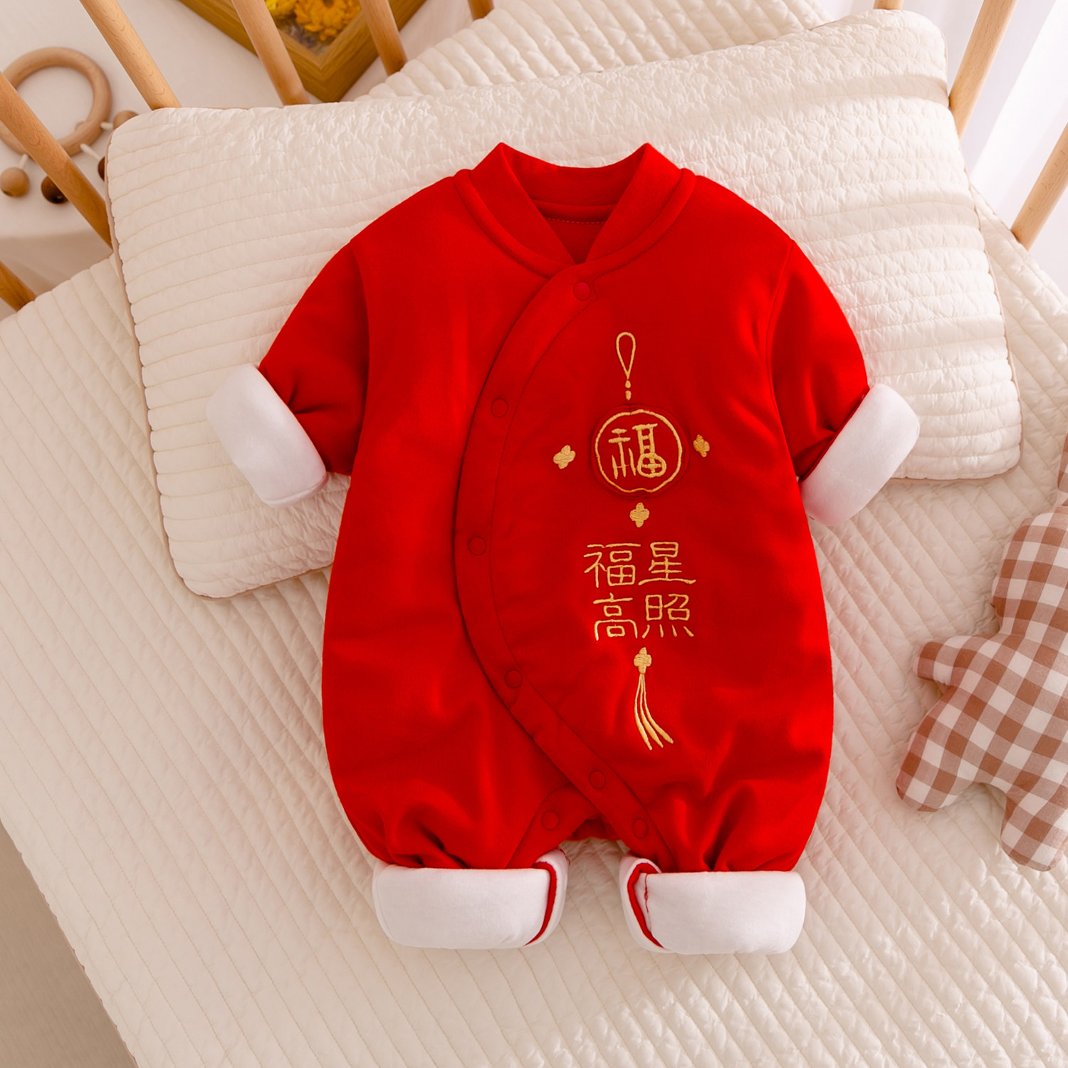 婴儿拜年服连体衣新生儿哈衣大红色夹棉加厚满月宝宝过年喜庆衣服
