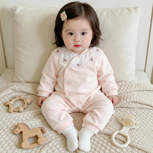 外出服春秋 新生婴儿衣服薄棉衣连体衣慢满月女宝宝哈衣爬服早春装