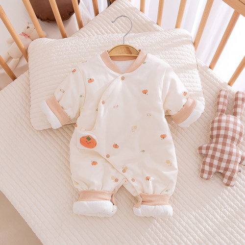 新生婴儿衣服秋冬季夹棉服连体衣男女宝宝哈衣满月斜襟护肚纯棉衣
