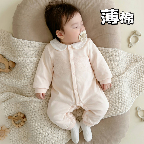 婴儿衣服薄棉连体衣纯棉满月女宝宝春秋冬季哈衣爬服早春装外出服