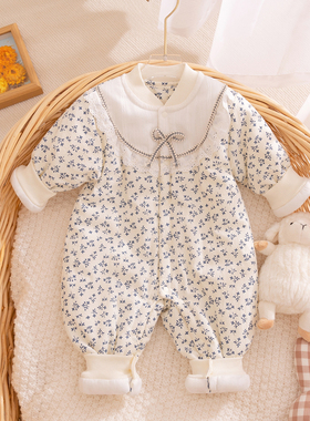 婴儿夹棉连体衣秋冬季满月女宝宝纯棉服哈衣爬服冬装棉衣外穿衣服