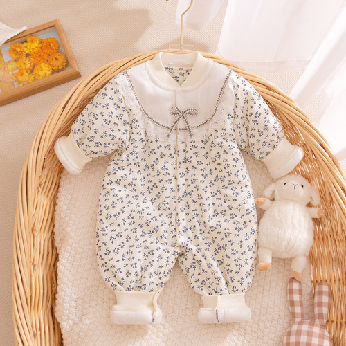 婴儿夹棉连体衣秋冬季满月女宝宝纯棉服哈衣爬服冬装棉衣外穿衣服