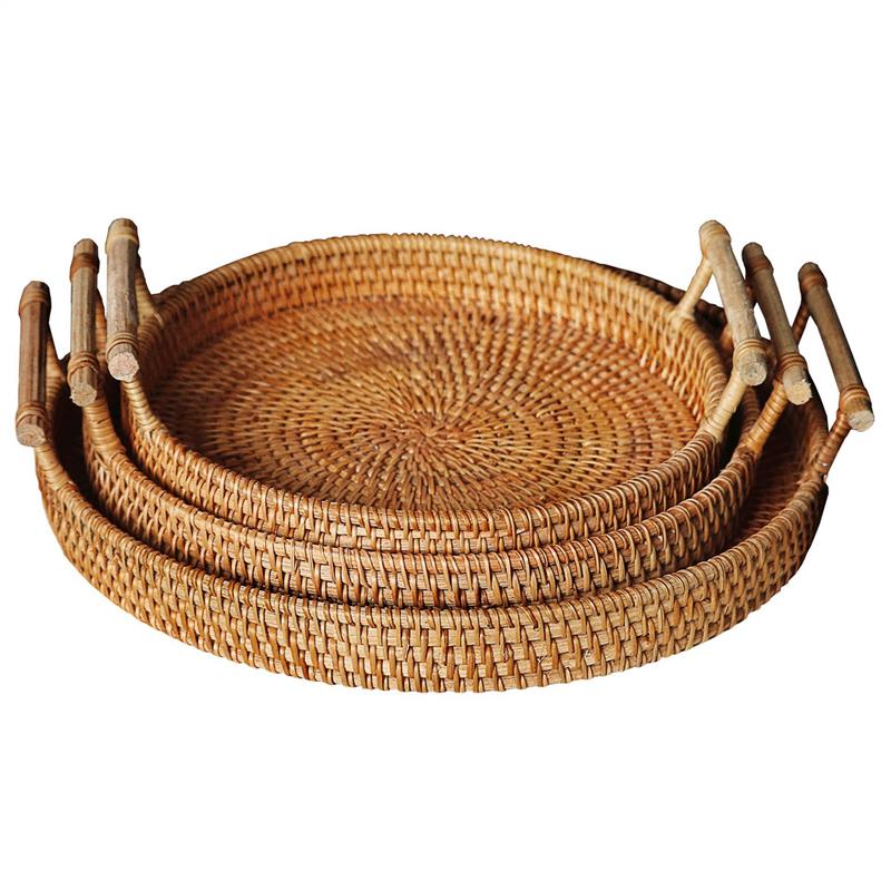 藤编圆形筐茶盘藤盘提手附托盘水果盘桌面收纳形茶托