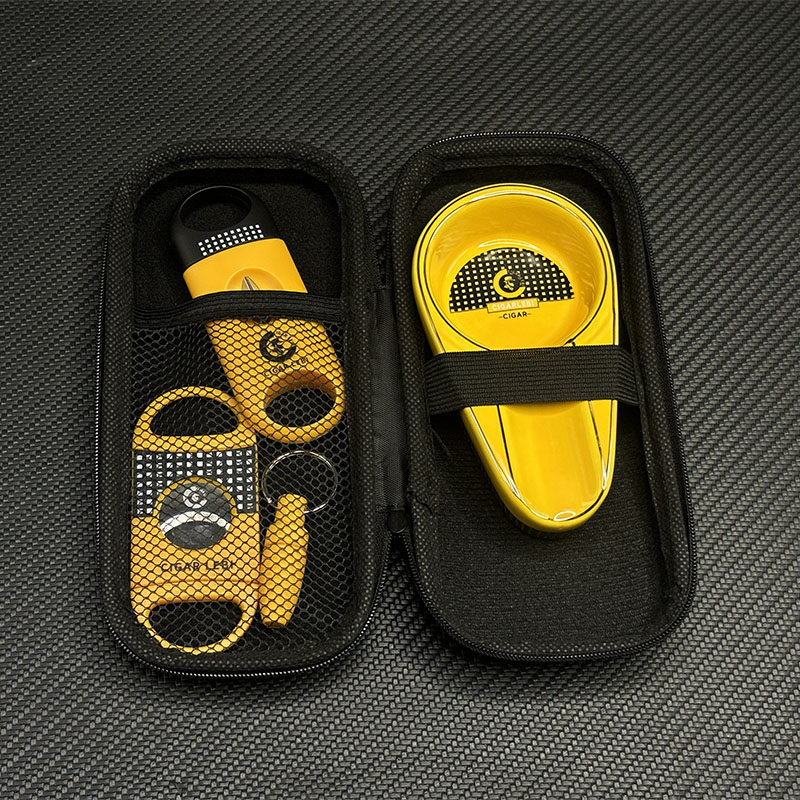 茄乐人雪茄剪四件套V型剪打孔器便携剪茄器套装陶瓷烟灰缸收纳包