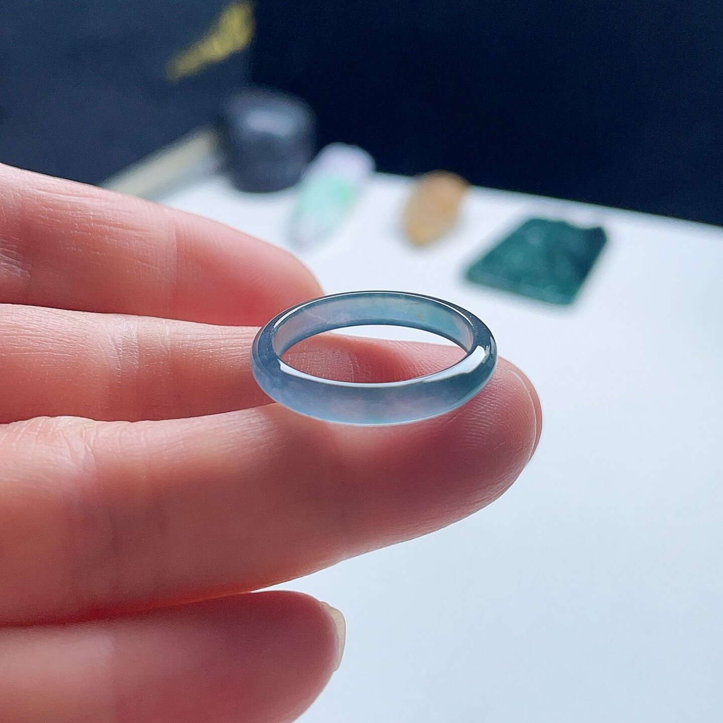 A货翡翠冰种戒指天空海蓝绿渐变19mm天然老坑玉指环清新优雅20#