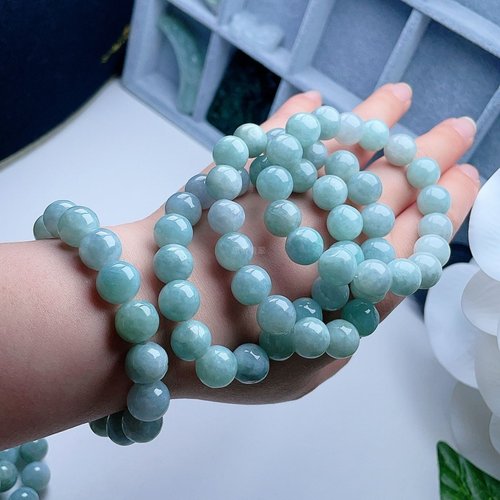 天然A货翡翠淡绿飘花手链11缅甸老坑玉转运珠手串小清新意境百搭