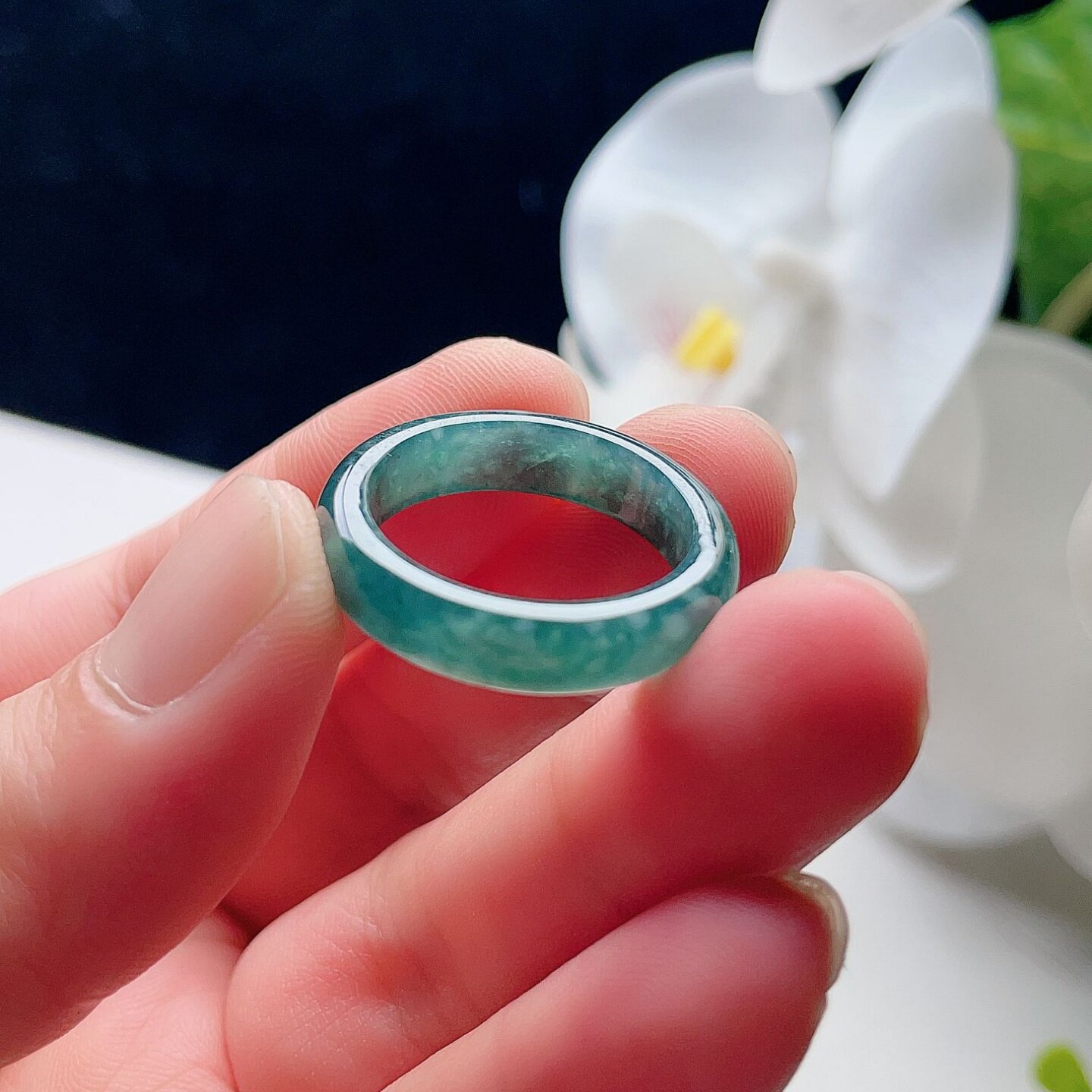 天然翡翠蓝绿飘花戒指意境玉指环