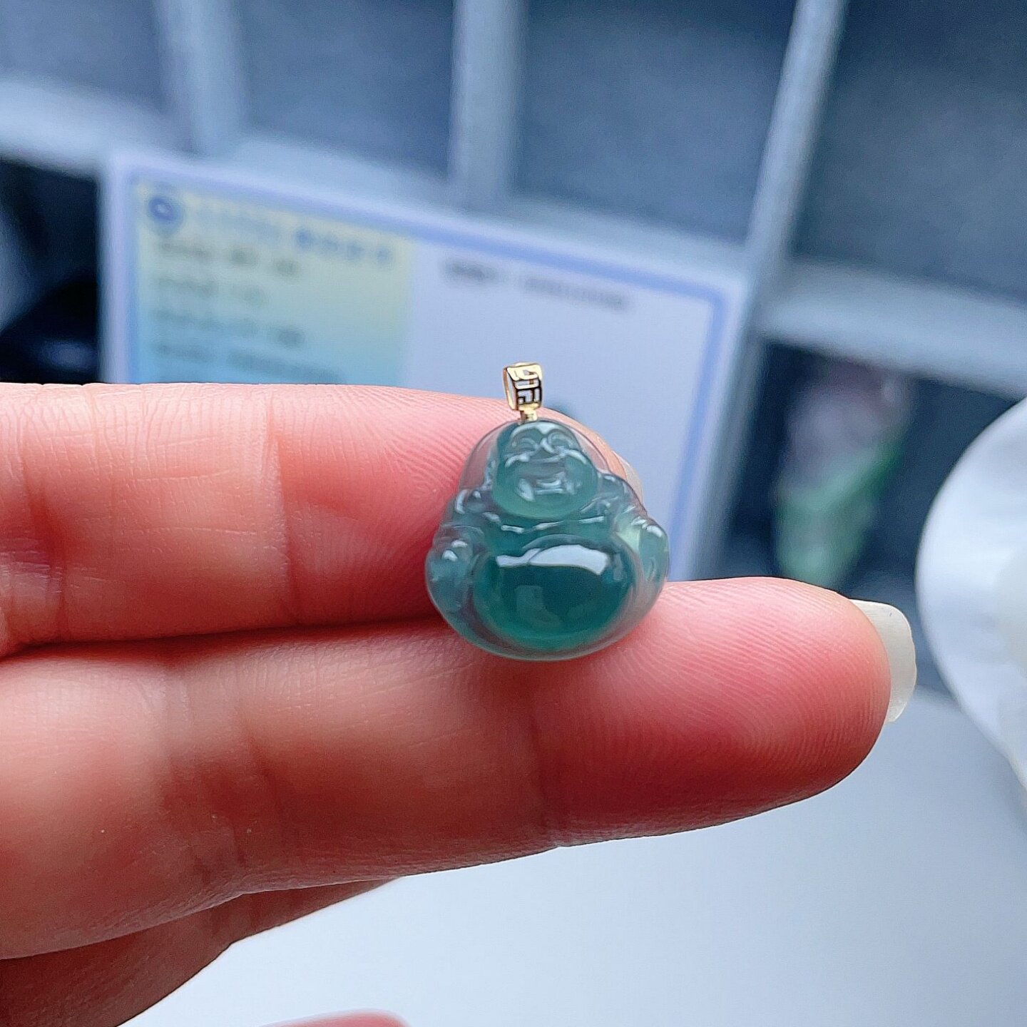 A货翡翠迷你佛吊坠蓝绿天然老坑小笑佛镶嵌18k金飘雪花棉吉祥如意